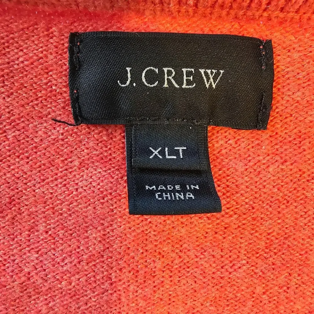 J Crew Men's Sweater XLT Orange Red Cotton Cashmere Blend V Neck Classic Preppy